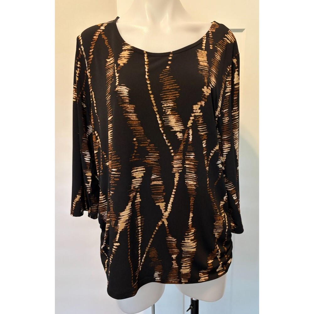 CHICOS Travelers Womens TOP 3/4 Sleeve BLACK Brown Size 2 (12/14)